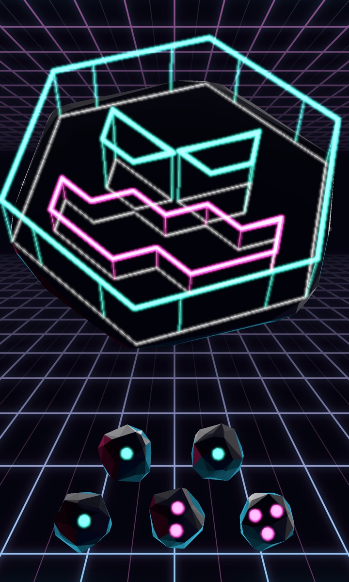 A VoidFlux board at radius four seen close to face-on: a large teal loop closing into a hexagon around the entire boundary, a pink loop zigzagging across the middle, two small teal loops above it, and five charged gems in the tray below.
