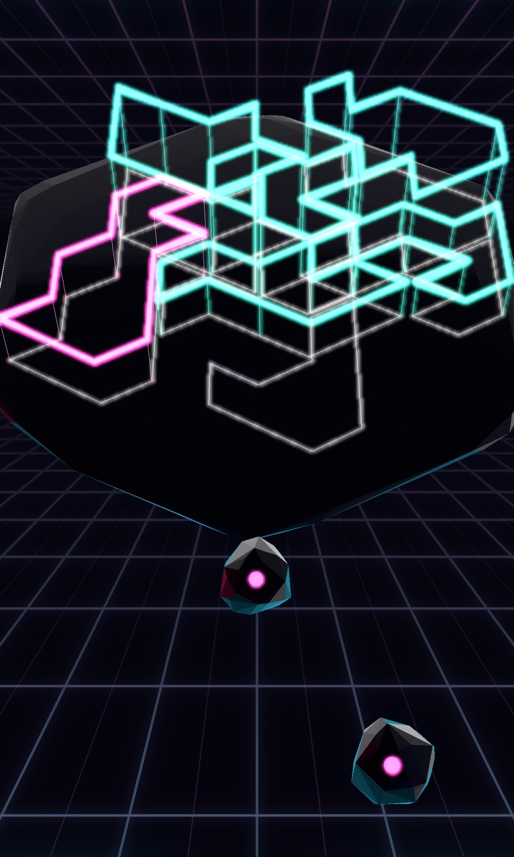 A seven-loop VoidFlux board at radius five, partway through a solve, with two gems left in the tray and one loop collapsed onto the crystal as a flat white outline.