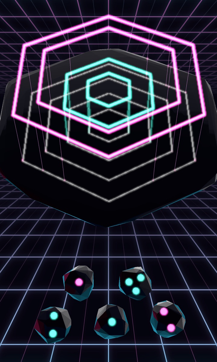 A VoidFlux board of concentric hexagonal loops, two pink ones enclosing two teal ones above a black crystal, with gems of several different charges in the tray below.