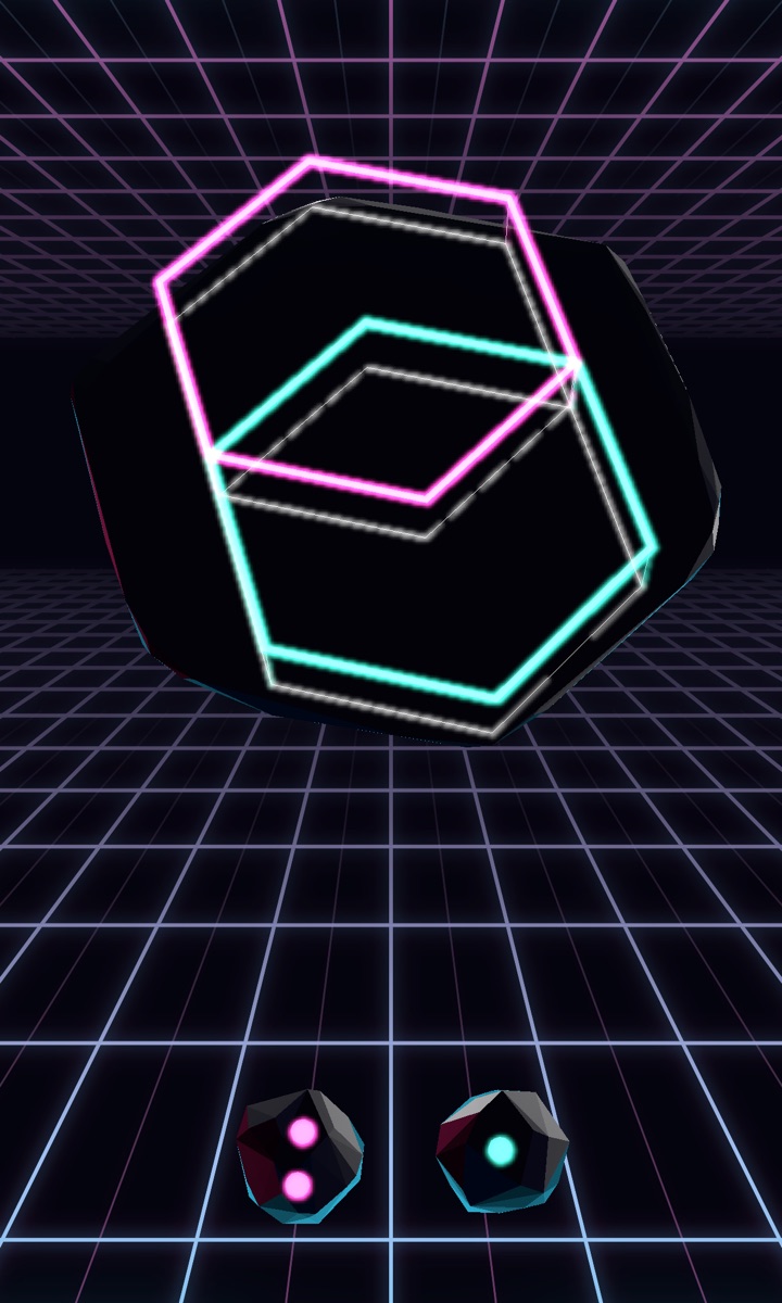 An early VoidFlux board at radius three: two hexagonal loops of the same size, one pink and one teal, overlapping across a black crystal, with two charged gems in the tray below.
